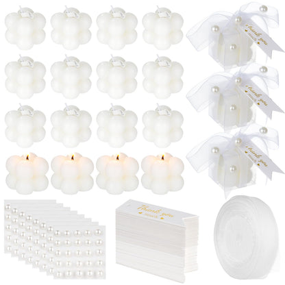 32 Pcs Mini White Bubble Candles, Gifts for Guests Bulk, Including 35 Thank You Cards, Ribbon, Stickers, Scissors, for Wedding, Bridal Shower, Baptism Favors