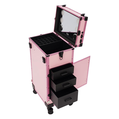 faoeqqEga 3 Tier Rolling Makeup Case w/Mirror, 110 Lbs Foldable Beauty Station w/Lighted Vanity, Aluminum Frame Travel Cosmetic Organizer for Stylist & Salon (Pink)