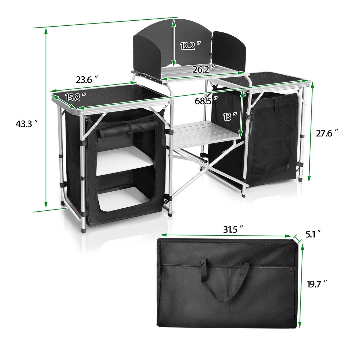 CampLand Folding Camping Kitchen Table with Windscreen,Portable Outdoor Cooking Station with Storage Cabinet & Side Tables Heavy Duty Camp Cook Station for Camping & BBQ (Black2cabinet)
