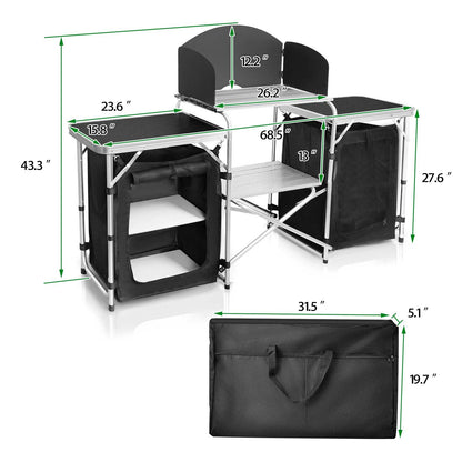 CampLand Folding Camping Kitchen Table with Windscreen,Portable Outdoor Cooking Station with Storage Cabinet & Side Tables Heavy Duty Camp Cook Station for Camping & BBQ (Black2cabinet)