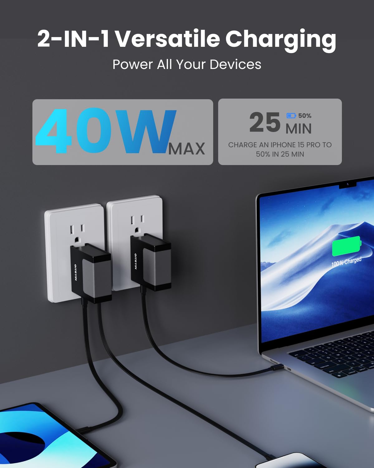 Gitryin 1 Micro USB, 3 Type-C Retractable Wall Chargers and 1 Power Strip, 12-in-1 Modular Charging Station