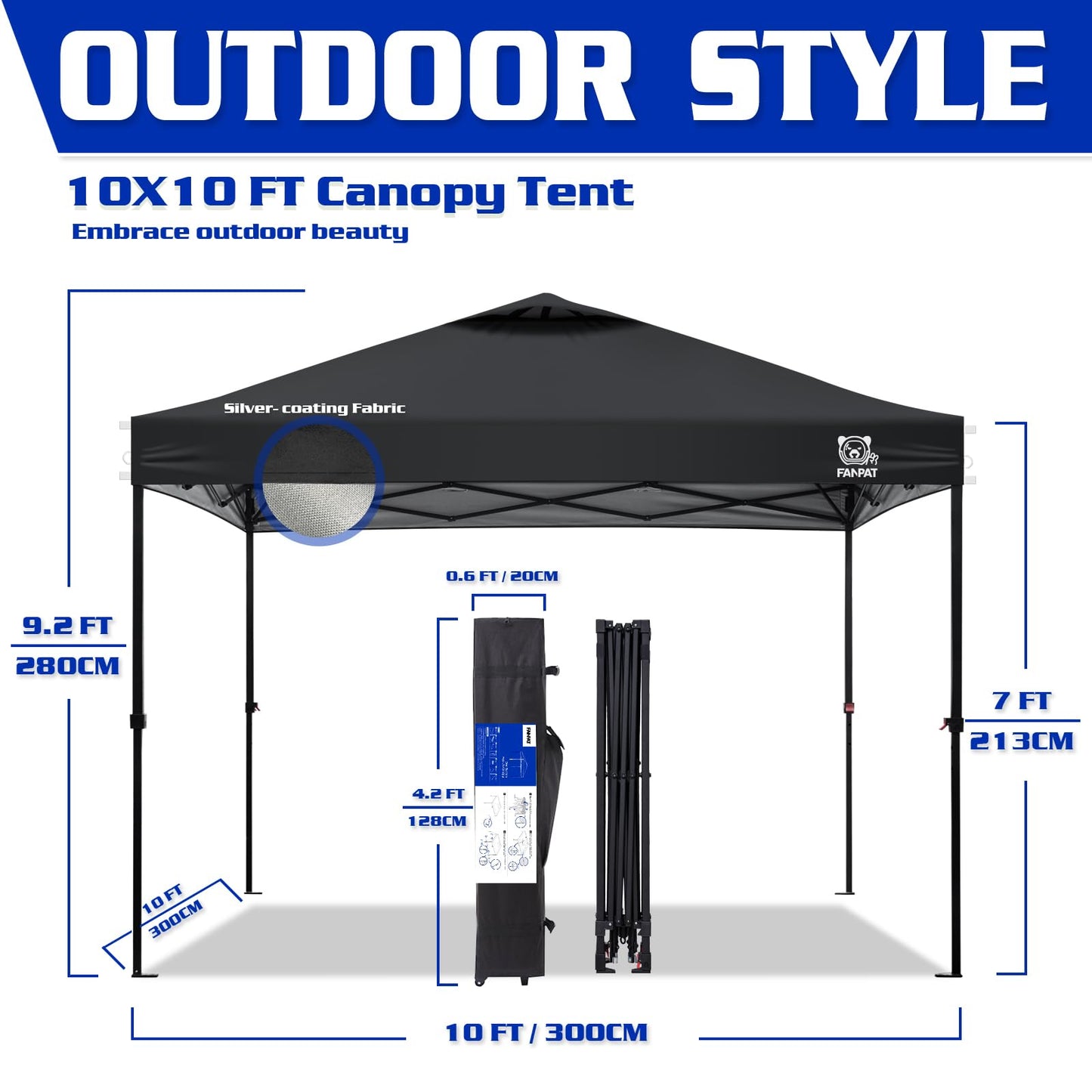 FANPAT 10x10 Pop Up Canopy Tent,300D Silver-Coating Top,1-Person Setup Commercial Heavy Dury Tent Instant Portable Shelter and Carry Bag, Bonus 8 Stakes and 4 Canopy Weights(Black)