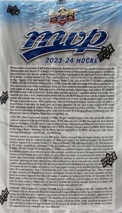 Upper Deck 2023-24 MVP Hockey Blaster Box (15 Packs of Hockey Cards)