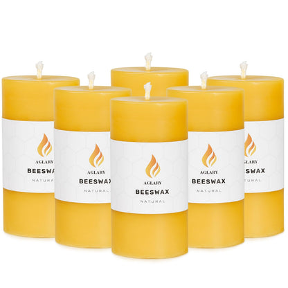 AGLARY 6PCS Beeswax Pillar Candles,Large Handmade Pure Beeswax Candle,Long Lasting Burn Time，Unscented Smokeless，2 * 4",28H, Raw