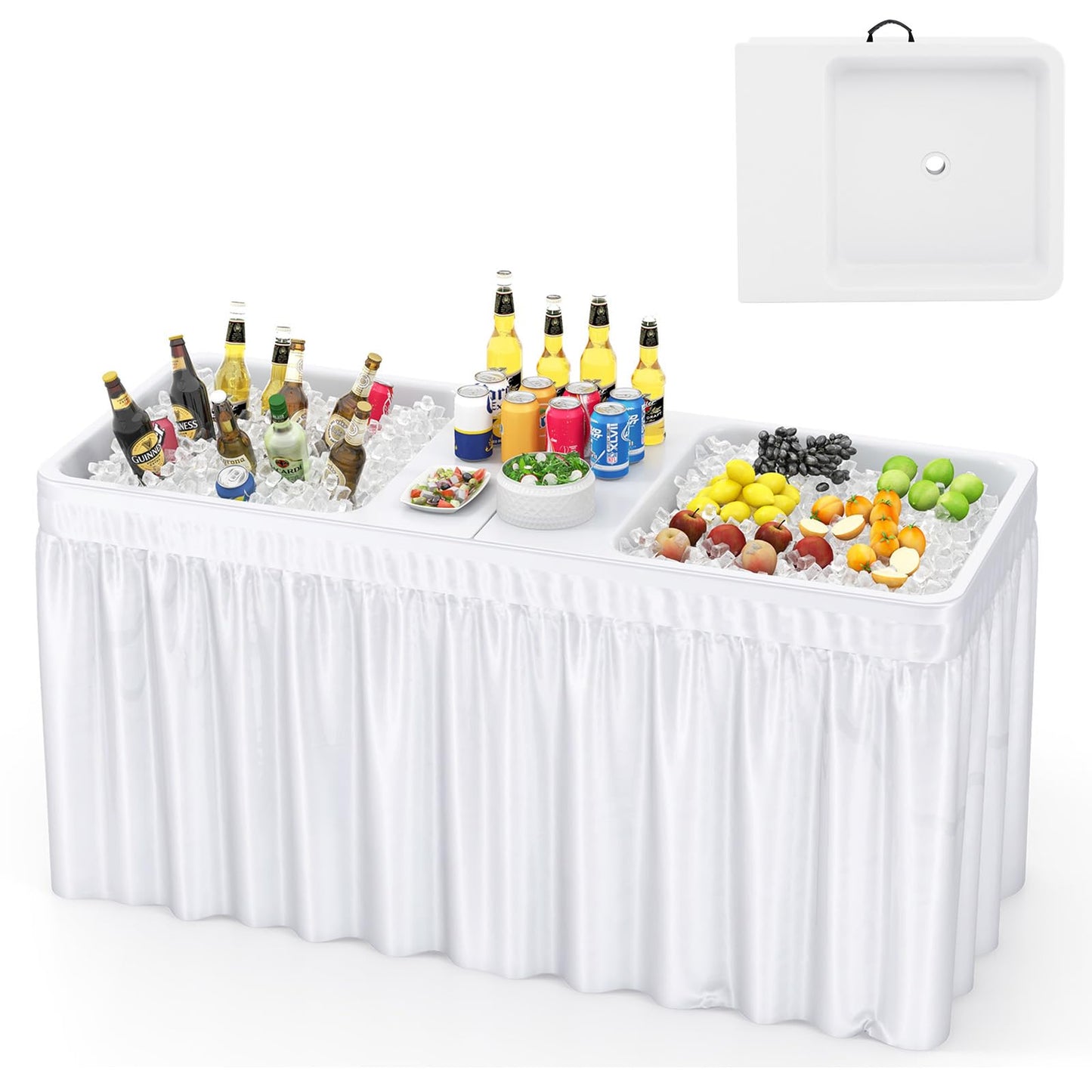 Giantex 5 FT Folding Ice Table with Double Sinks and Drains, Portable Ice Cooler Table with Removable Skirt, No Assembly, Foldable in Half, Fill and Chill Stand for Party Camping BBQ Wedding, White