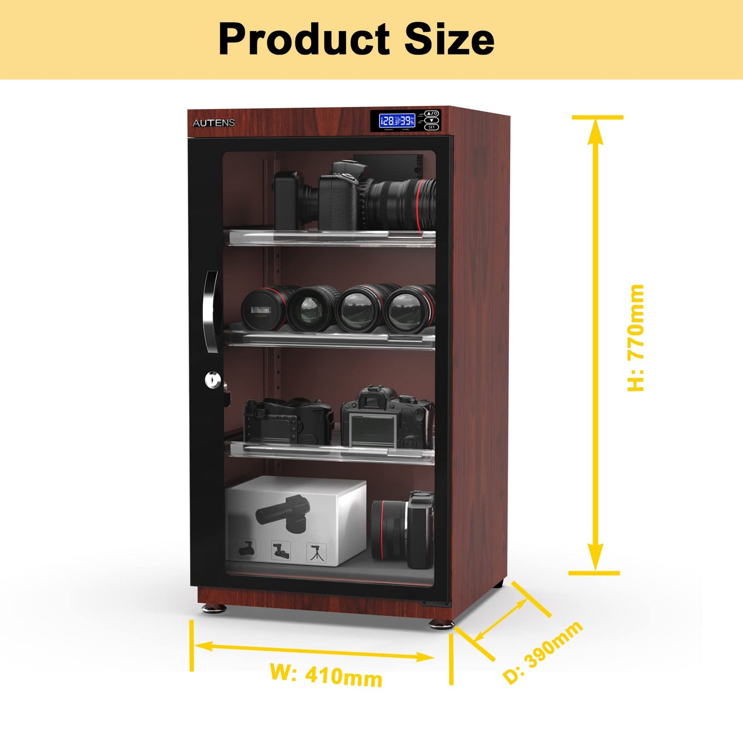 AUTENS 105L Dehumidifying Dry Cabinet Box, Wood grain Design Digital Control Noiseless and Energy Saving,4 layer for Camera Lens and Electronic Equipment Storage,Temperature Humidity LED Dual Screen