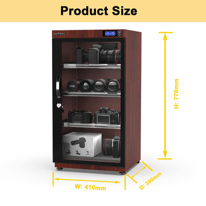 AUTENS 105L Dehumidifying Dry Cabinet Box, Wood grain Design Digital Control Noiseless and Energy Saving,4 layer for Camera Lens and Electronic Equipment Storage,Temperature Humidity LED Dual Screen