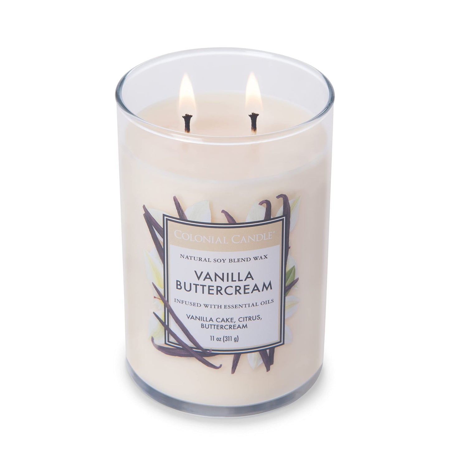 Colonial Candle Vanilla Buttercream Scented Jar Candle, Classic Cylinders Collection, 2 Wick, White, 11 oz - Up to 80 Hours Burn