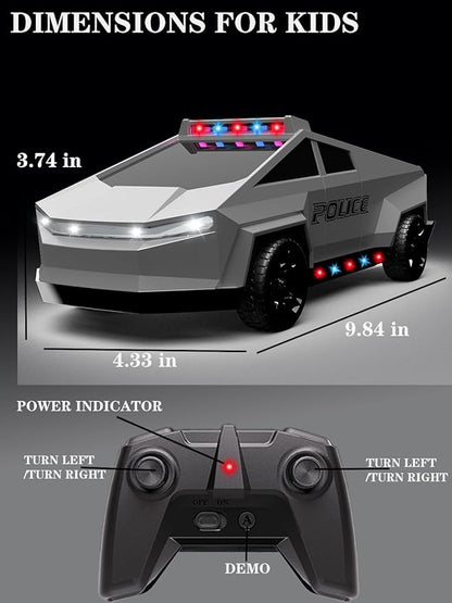 RC Remote Control Car Cybertruck Toy Police Car Toy 2.4GHz LED Lights 2 Rechargeable Batteries Ideal Gift for Boys Girls Ages 3+ Years