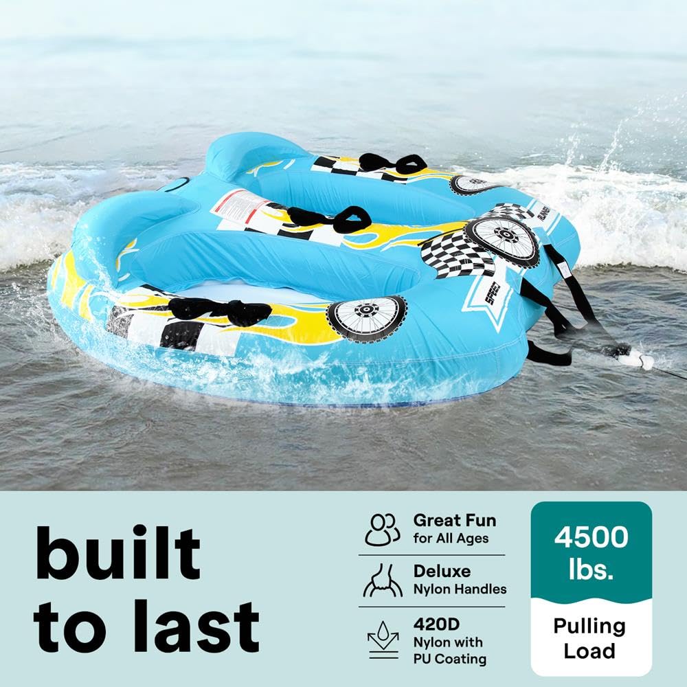 Serene Life Watersports Inflatable Towable Booster Tube - Two Person Water Boating Float Tow Raft, Inflatable Pull Boats/Tubes/Towables w/ Dual Seats, PVC Bladder, Foam Pad, Nylon Handles SLTOWBL10