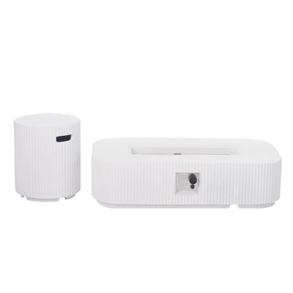 Christopher Knight Home 48.2 Inch Outdoor Rectangular Fire Pit Set with Tank Cover Side Table, MgO Concrete Propane Fire Pit 50000 BTU, White Modern Patio Heating Table Set