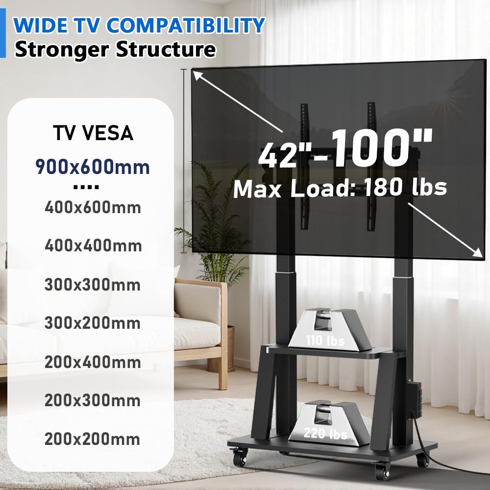 Duiliuu Mobile TV Cart with Power Outlet Rolling TV Stand for 42 to 100 inch Television Heavy Duty Portable TV Stand on Wheels, Height Adjustment, Holds Up to 180 LBS, Vesa 200×200-900×600mm
