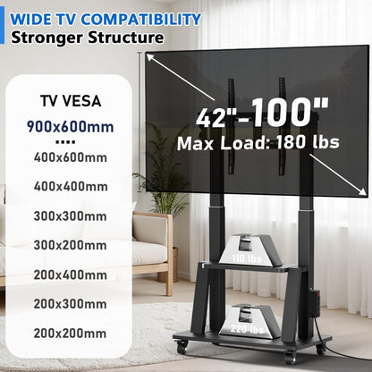 Duiliuu Mobile TV Cart with Power Outlet Rolling TV Stand for 42 to 100 inch Television Heavy Duty Portable TV Stand on Wheels, Height Adjustment, Holds Up to 180 LBS, Vesa 200×200-900×600mm