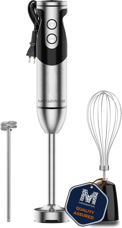 MegaWise Pro Titanium Reinforced 3-in-1 Immersion Corded Hand Blender, Powerful MOTOR with 80% Sharper Blades, 12-Speed Corded Blender, IncludingWhisk and Milk Frother (3-in 1 Red)