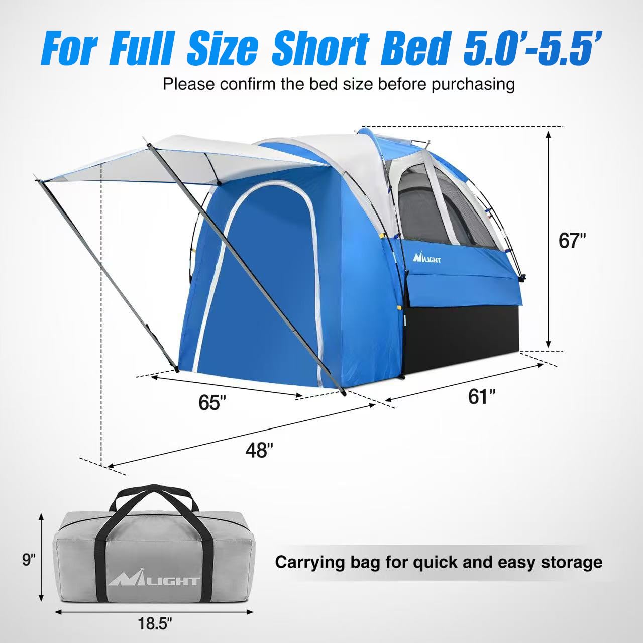 Nilight Truck Bed Tent 5.0-5.5FT Pickup Truck Tents with Removable Awning Waterproof PU2000mm Double Layer Rainfly Storage Bag 2-Person Sleeping Tailgate Bed Tents for Camping Travel Outdoor,Blue Grey