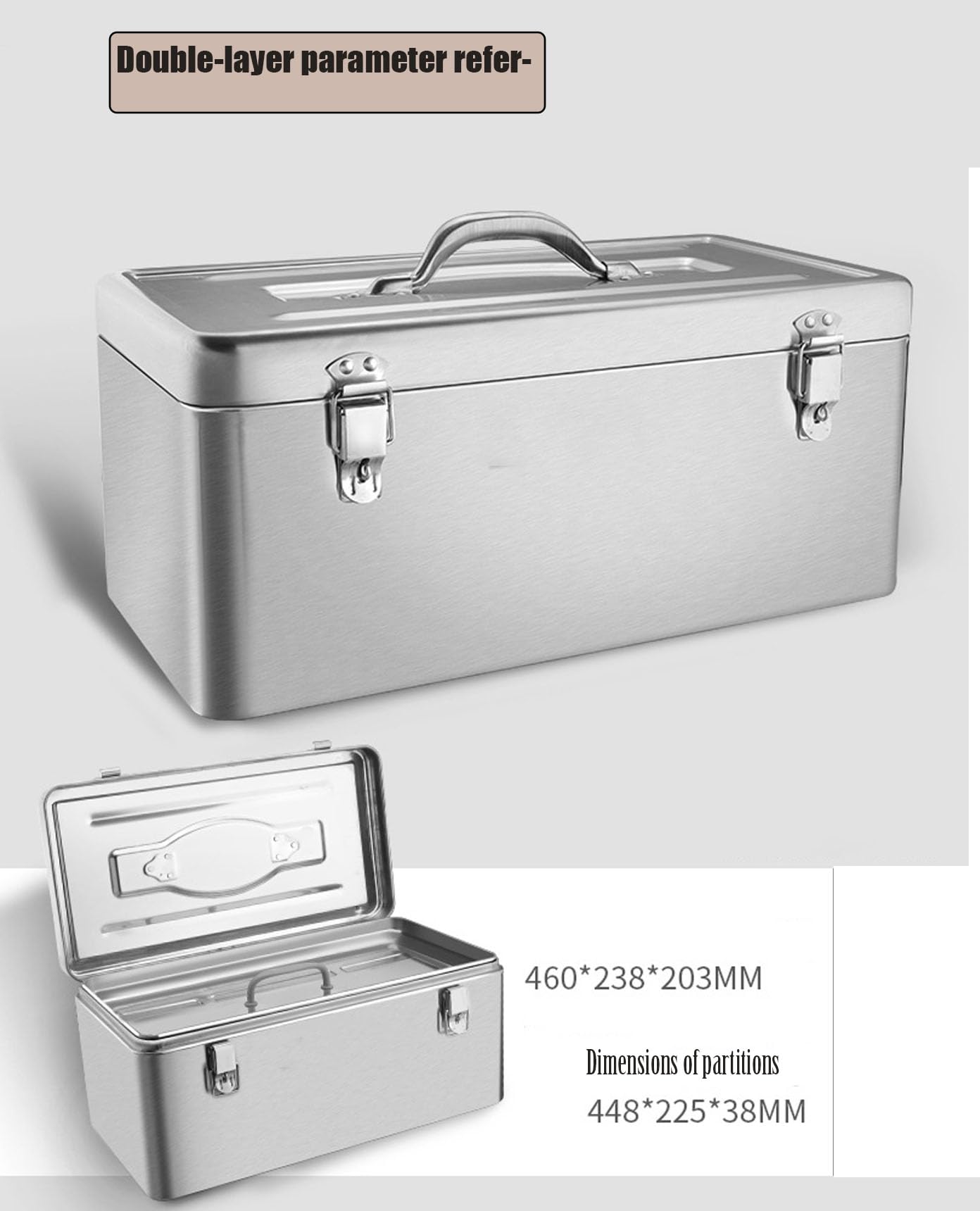 GRPDMDM 18" Metal ToolBox,Stainless Steel Tool Box,Heavy Duty Portable Tool Box,2 Layer with Carrying Handle metal locking latches make and Removable Tray,for Garage Workshop (Silver)