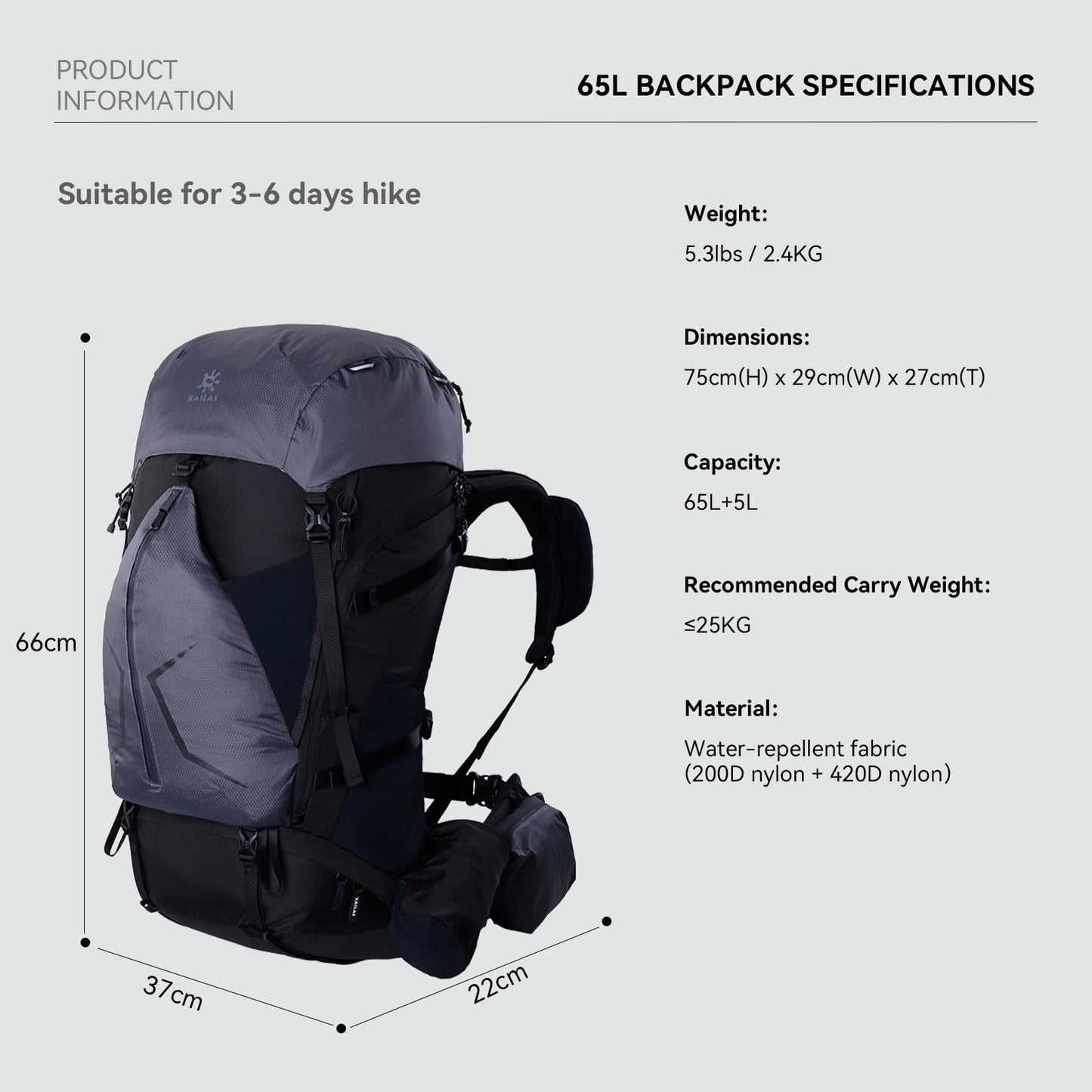 KAILAS RIDGE III 65+5L Hiking Backpack Trekking Daypack Outdoor Backpacking Waterproof Lightweight Internal Frame Backpack for Traveling Camping with Rain Cover Dark Black S