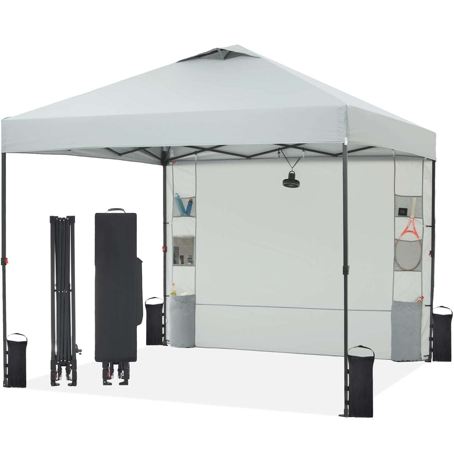 Tunbne 10'x10' Pop Up Canopy Tent with 1 Sidewall and 6 Pockets, One Push Setup, Instant Shade Tent with Vented Roof for Beach Patio Outdoor, Case, 8 Stakes, 4 Ropes, 4 Sandbags (Light Gray, 10x10)