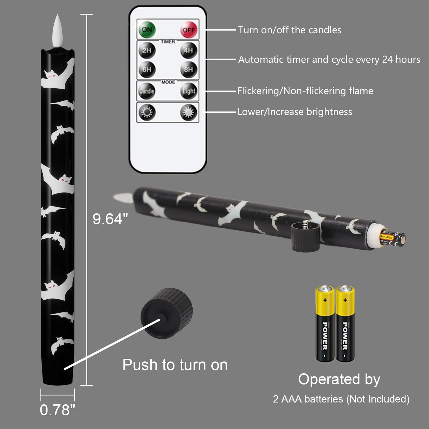 Wondise Black Halloween Flameless Taper Candles with Remote & Timer, Halloween Battery Operated Candles with Bats Decals Waxy 3D Wick Flickering for Halloween Decorations