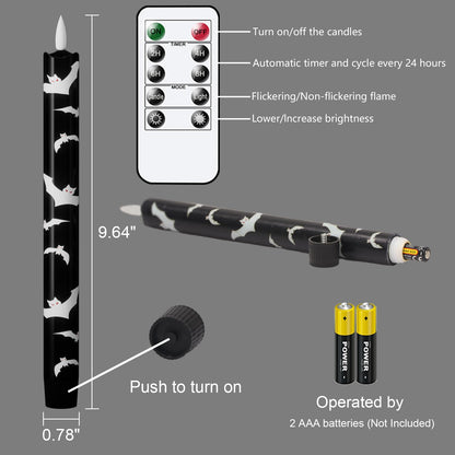 Wondise Black Halloween Flameless Taper Candles with Remote & Timer, Halloween Battery Operated Candles with Bats Decals Waxy 3D Wick Flickering for Halloween Decorations