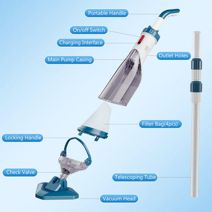 Pool Vacuum for Above Ground Pool with a Telescopic Pole, Running time up to 1H, Handheld Rechargeable Pool Cleaner with Powerful Suction up to 18.5 gallons/min, Ideal for Leaves & Debris, PC10