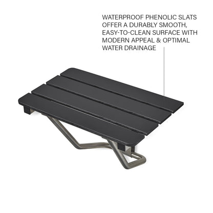 28-inch x 15-inch ADA Folding Wall Mount Bathroom Shower Seat Bench, Black Slatted Phenolic Seat