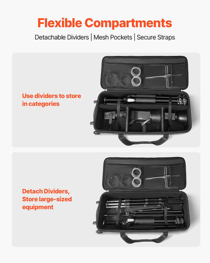 VEVOR Studio Equipment Trolley Case, 35.83 x 11.81 x 14 in / 91 x 30 x 35.5 cm, Rolling Camera Bag, Carrying Bag with Wheels Straps Padded Compartment Handle, for Light Stands, Tripods, Telescopes