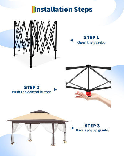 Canopy Tent 13x13 ft, Pop Up Gazebo One-Push Setup with 4 SandBags for Backyard Parties and BBQs, Mosquito Netting & Height Adjustable - Khaki & Coffee