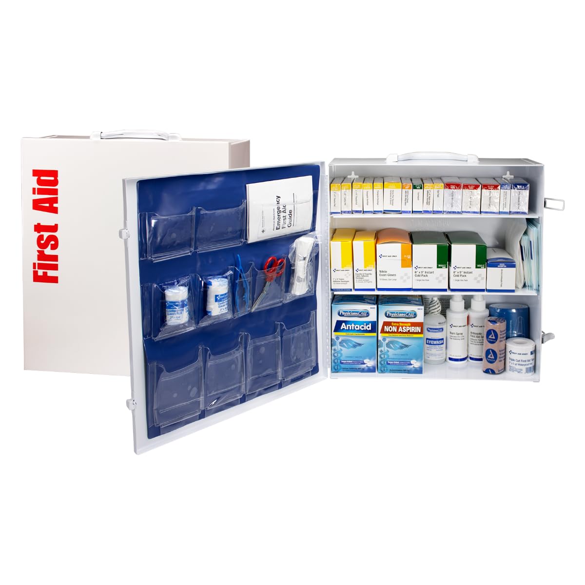 First Aid Only 90575 3-Shelf ANSI B+ and OSHA-Compliant First Aid Kit, 100-150-Person Emergency First Aid Kit for Business and Worksite, First Aid Metal Cabinet with Medications, 676 Pieces