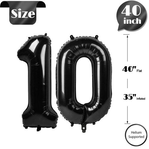 Black Number 10 Balloon 40 Inch, 10th Birthday Party Decorations for Children, Giant 10 Foil Balloon for Party Supplies