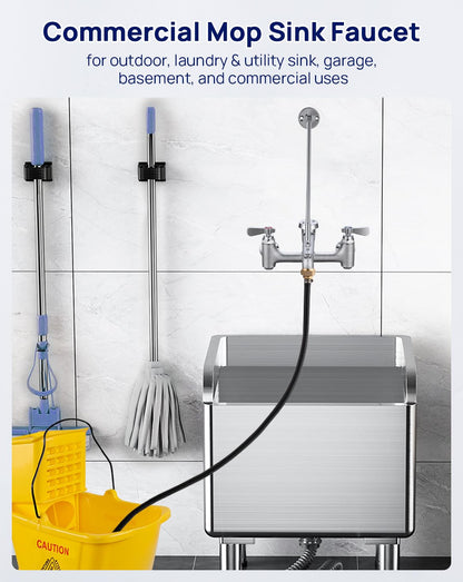 Sepaitek Commercial Mop Sink Faucet 8" Center Wall Mount, Heavy-Duty Service Sink Faucet with Vacuum Breaker 3/4" Hose Thread, for Industrial Outdoor Janitor Floor Mop Sink, Brass Casted Chrome Finish