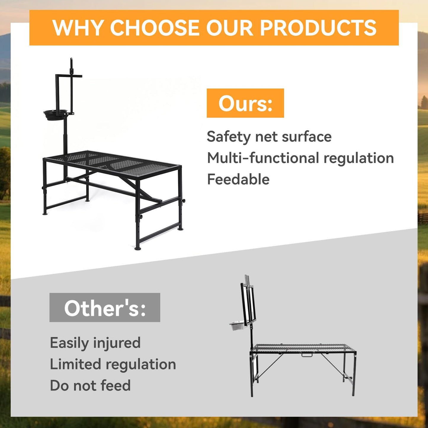 FULUPET Goat Milking Stand with Feed Bin, 600 LBS Heavy Duty Sheep Trimming Stand, Adjustable Headpiece Livestock Stanchion, Stable Metal Hoof Trimming Platform for Grooming & Shearing, Farm Equipment