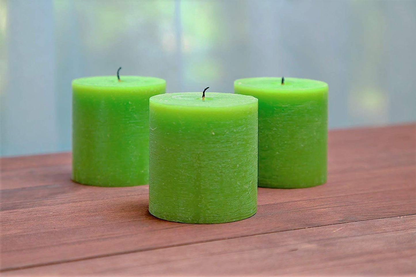 Set of 3 Pillar Candles 3" x 3" Unscented Handpoured Weddings, Home Decoration, Restaurants, Spa, Church Smokeless Cotton Wick - Green
