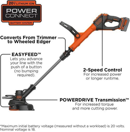 BLACK+DECKER 20V MAX String Trimmer & Edger - EasyFeed Weed Wacker with 12-Inch Cutting Width & 2 Speed Control, Battery Included