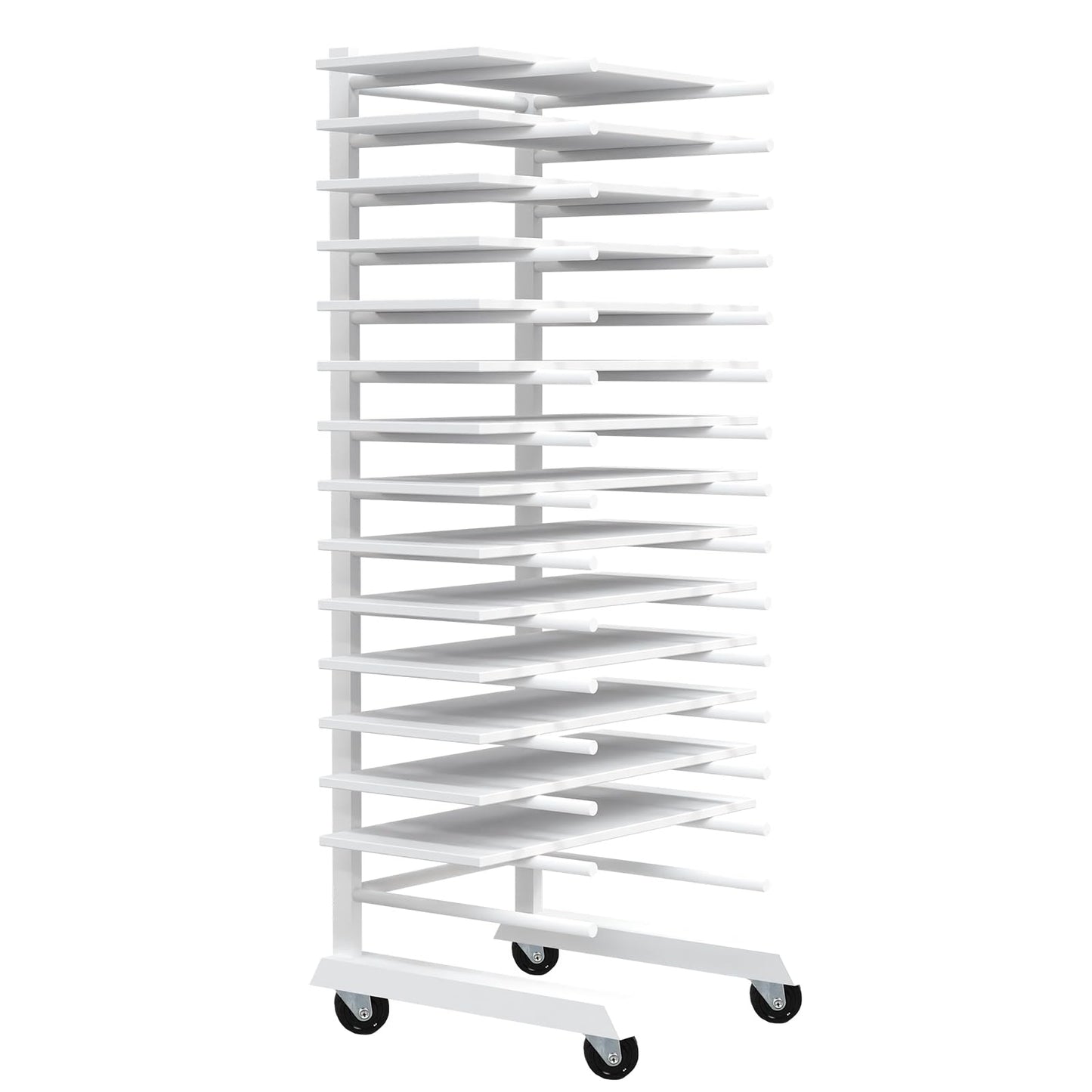Colingmill 1 Pack 15 Tier Cabinet Doors Paint Drying Rack with Casters 16 in Rods 20 in Base White Powder Coated 15lbs/Shelf Iron Detachable Crossbars Space Saving for Painted Wood Panels Doors