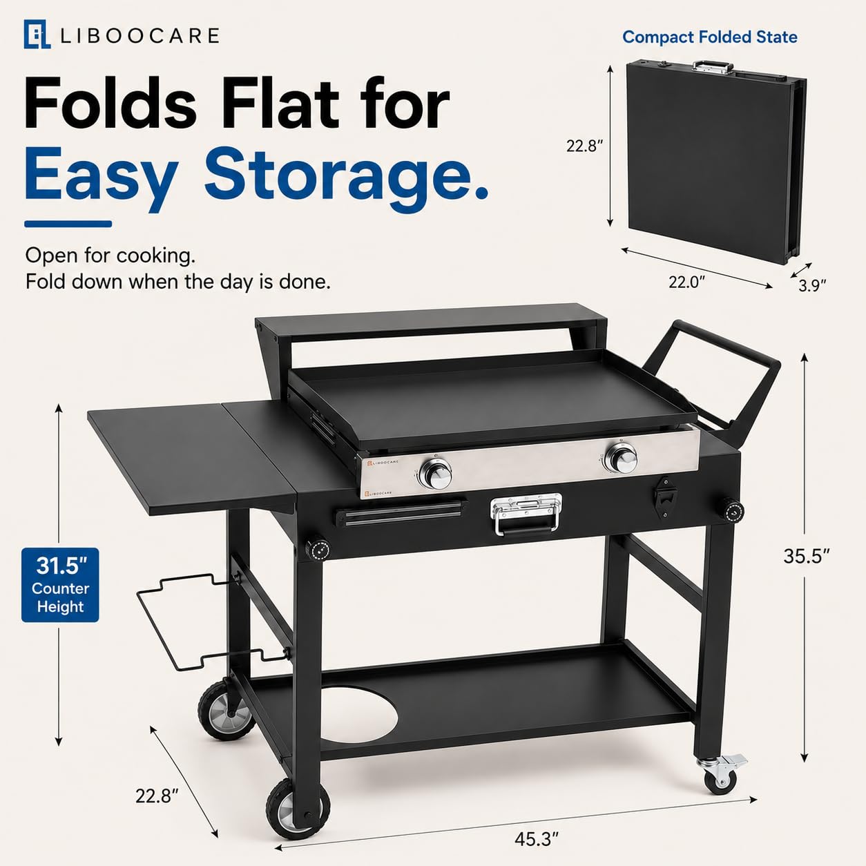 Grill Cart for Blackstone 17 and 22 Inch Griddle – 31.5" Tall Outdoor Griddle Table with Wheels, BBQ Prep Station with Side Shelf, Bar Top Shelf and Lower Storage, Foldable, Pizza Oven Compatible