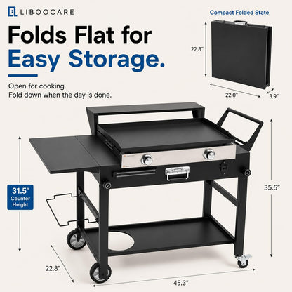 Grill Cart for Blackstone 17 and 22 Inch Griddle – 31.5" Tall Outdoor Griddle Table with Wheels, BBQ Prep Station with Side Shelf, Bar Top Shelf and Lower Storage, Foldable, Pizza Oven Compatible