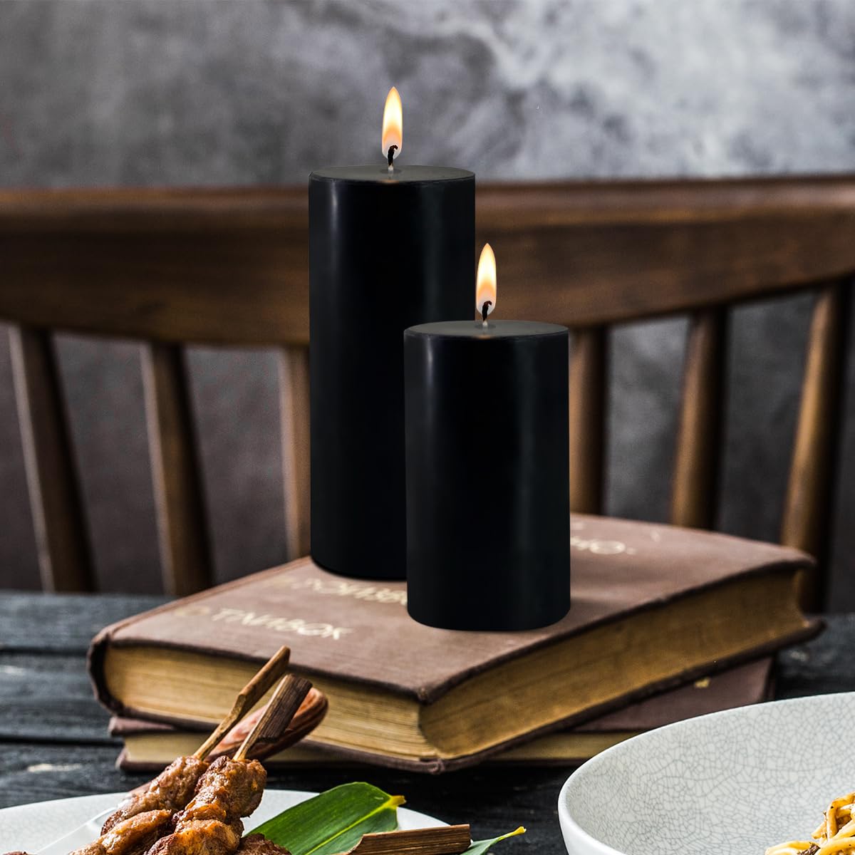 2 Pack 3x8 Hand Poured Black Dripless Pillar Candles, Soy Candles, Non-Toxic, Unscented, Smokeless, for Power Outages & Emergency