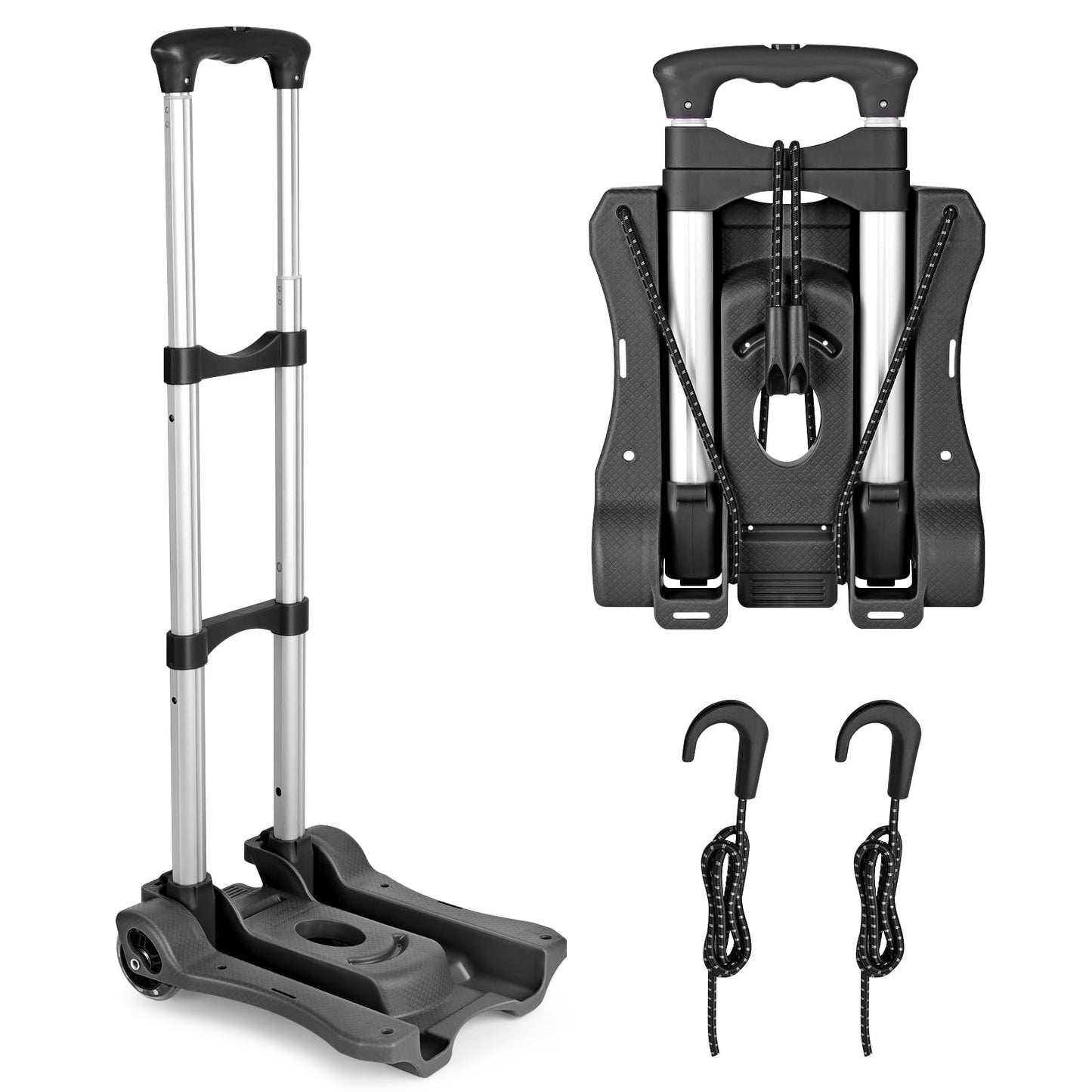 Home-Man Folding Hand Truck, Heavy Duty Luggage Cart, Utility Dolly Platform Cart with 4 Wheels and 2 Elastic Ropes for Luggage, Travel, Moving, Shopping, Office Use (110LB, Black)