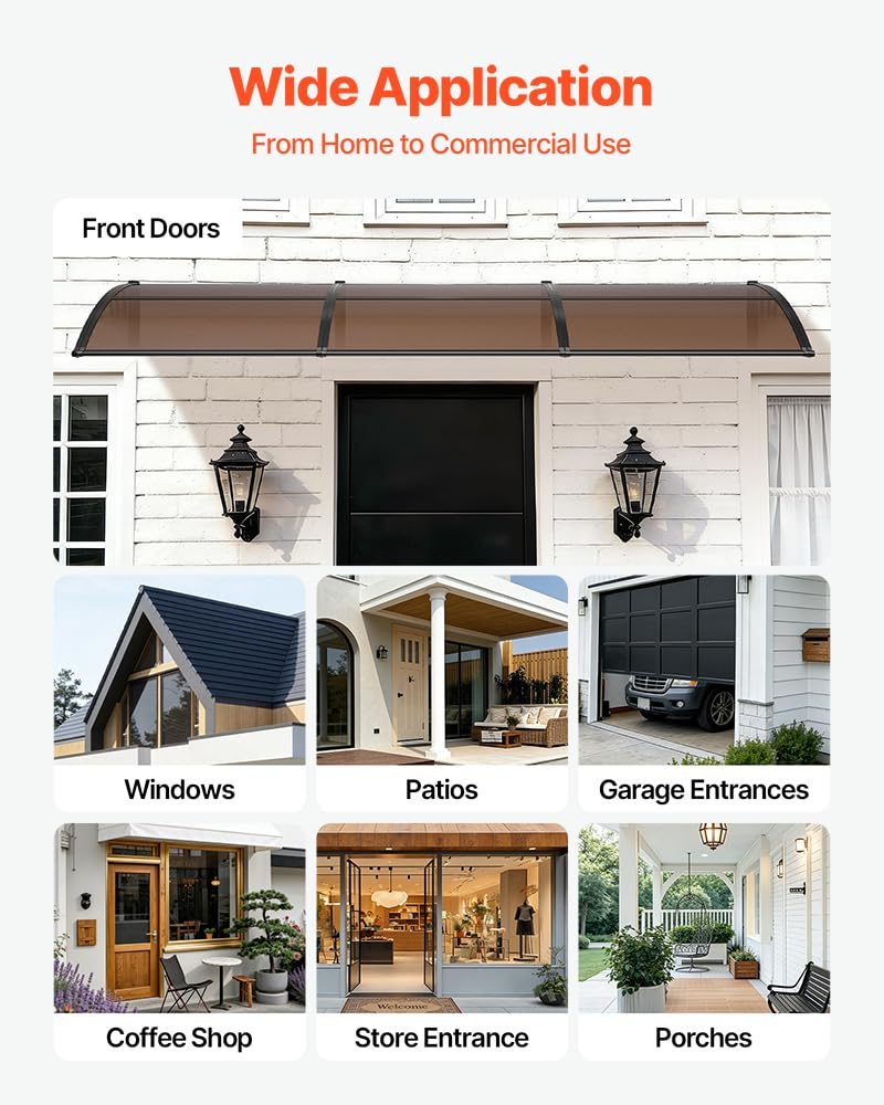 VEVOR Awnings for Door Entrance, 38" x 117" Window Door Awning Canopy Exterior with Drainage & ABS Bracket, Polycarbonate Cover Patio Door Awnings for Sun, UV, Rain, Snow Protection（Brown）