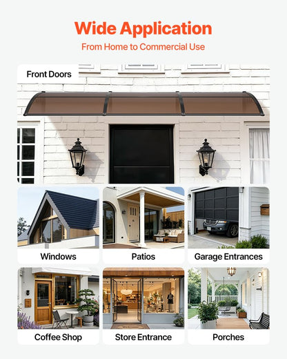 VEVOR Awnings for Door Entrance, 38" x 117" Window Door Awning Canopy Exterior with Drainage & ABS Bracket, Polycarbonate Cover Patio Door Awnings for Sun, UV, Rain, Snow Protection（Brown）