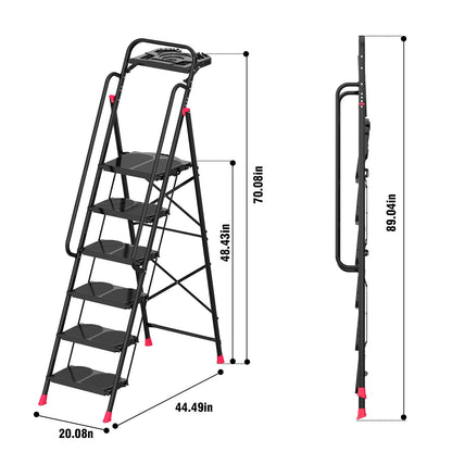 6 Step Foldable Step Ladder with Roomy Tool Tray & Secure Handrail, Wide Pedals Platform Stool 800lbs Capacity for Adults Home Kitchen