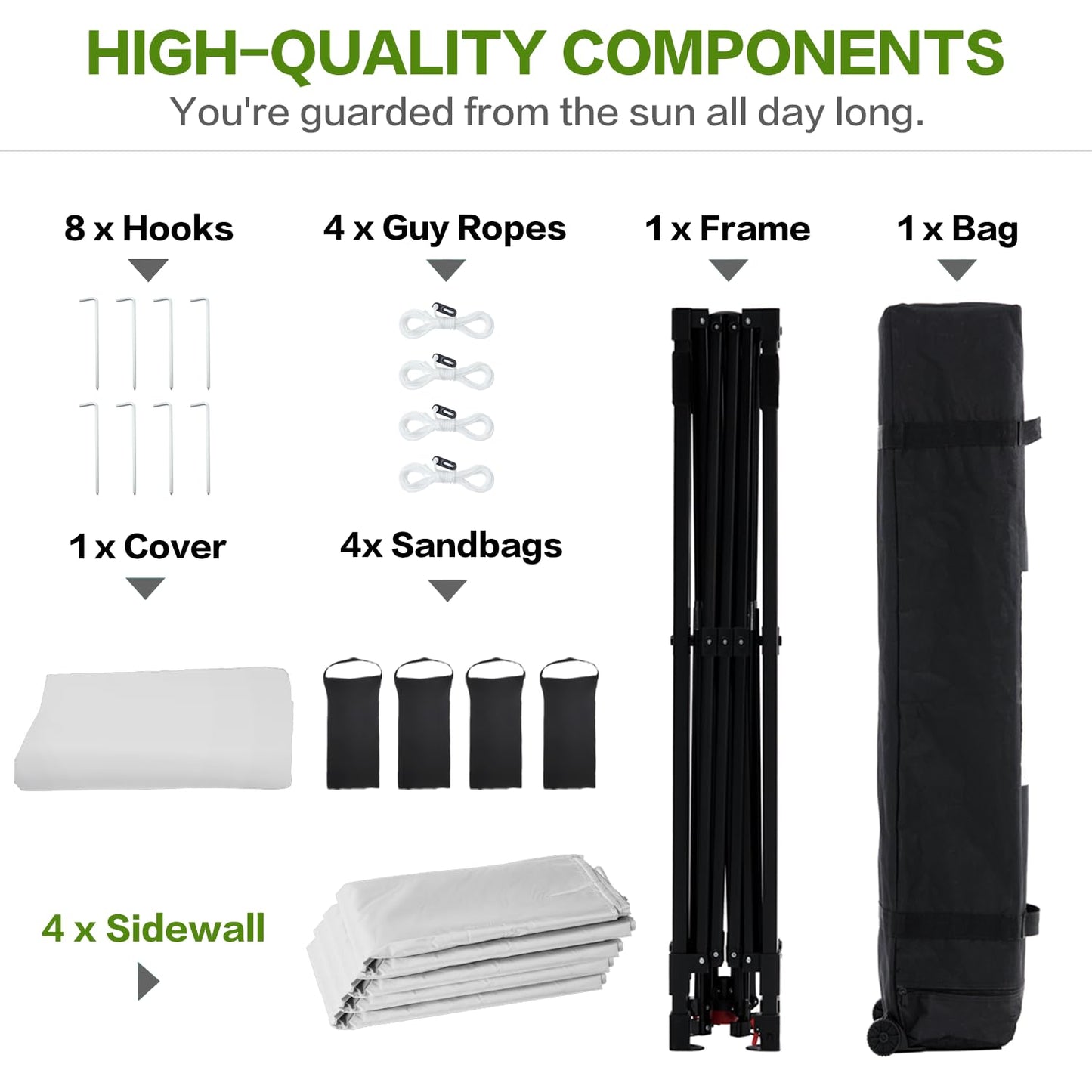 Tunbne 10X10 Comercial Pop Up Canopy Tent with 4 Sidewalls and 6 Pockets, One Push Setup Center Lock, for Beach Patio Outdoor, Case, 8 Stakes, 4 Ropes, 4 Sandbags (Snow White)