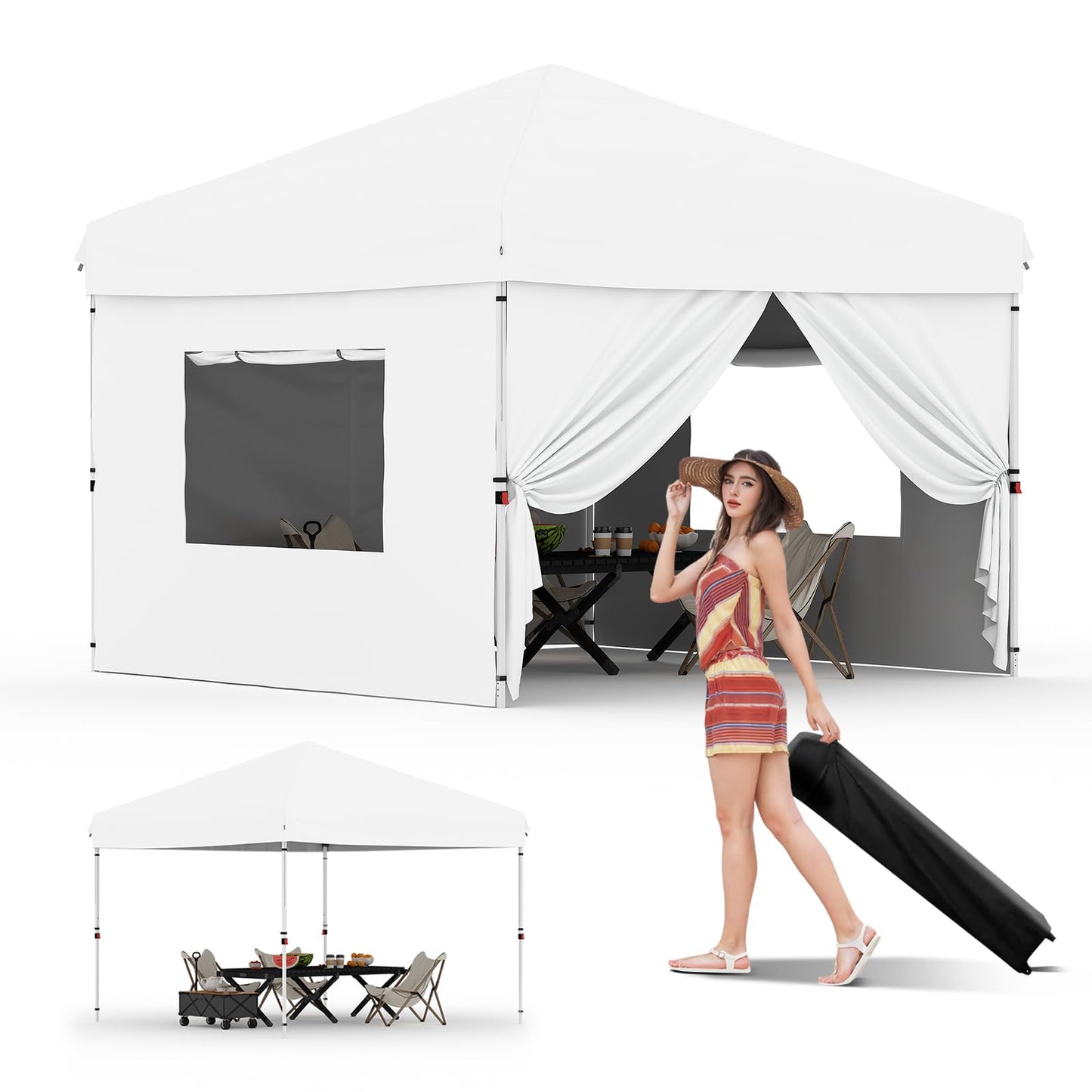 GarveeLife 10x10 Pop Up Canopy with 4Pcs Sidewalls Easy Up Camping Tent Outdoor Canopy with One Button Push Setup 1 Roller Bag 3 Adjustable Height 4 Weight Bags (White)