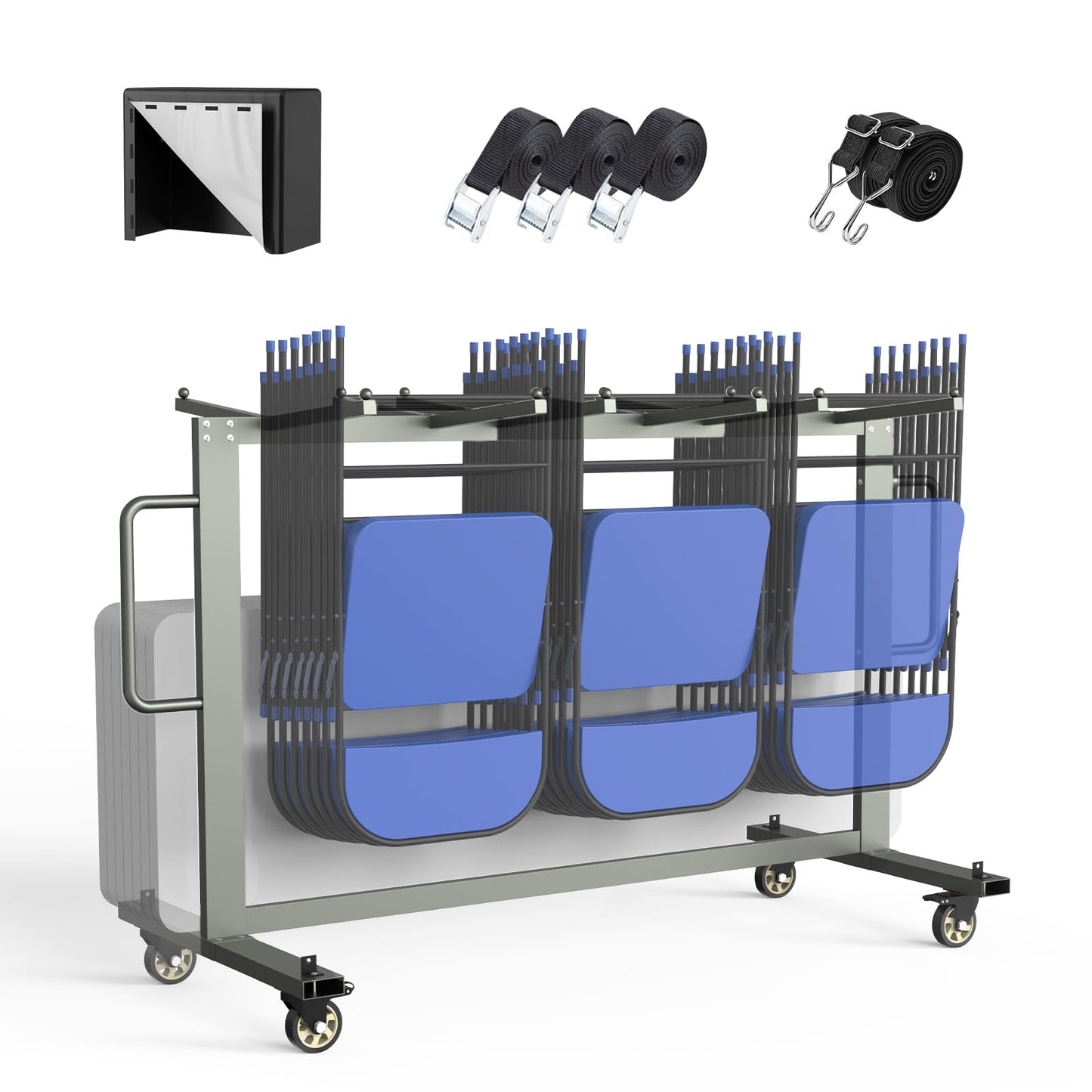 Grey Folding Chair and Table Cart-400LBS Weight Capacity Folding Chair Dolly with 4In Swivel Wheels Make Storing and Transporting Chairs Easy Chair Storage Rack with Straps and Cover to Space Saving