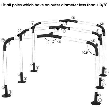 Neorexon 1 3/8'' Canopy Fittings for 6 Leg Carport Frame Parts, Black Canopy Pipe Fittings with Eye Bolts, Carport Frame Kit Low Peak Connectors with 156 Degree Angle(15Pcs)