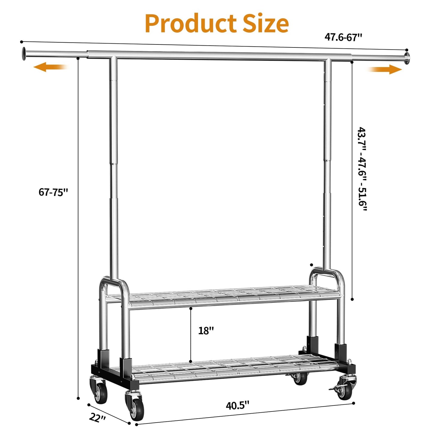 Luxspire Heavy Duty Clothes Rack, Clothing Rack Load 600 LBS, Rolling Clothes Racks for Hanging Clothes with Sturdy Wheels & 2 Tier Shelves, Adjustable Garment Rack for Bedroom, Laundry Room, Silver