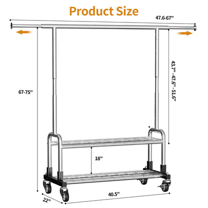 Luxspire Heavy Duty Clothes Rack, Clothing Rack Load 600 LBS, Rolling Clothes Racks for Hanging Clothes with Sturdy Wheels & 2 Tier Shelves, Adjustable Garment Rack for Bedroom, Laundry Room, Silver