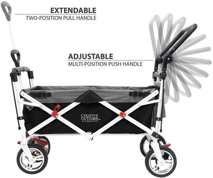 Creative Outdoor Push Pull Folding Wagon for Cargo | Beach Park Garden Sports & Camping | Black with Canopy
