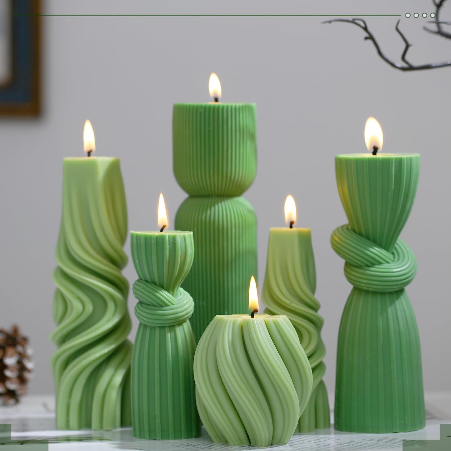 Threlaco 6 Pcs Ribbed Pillar Candles Modern Aesthetic Ribbed Decorative Candle Set Cute Soy Wax Scented Decor for Home(Green)